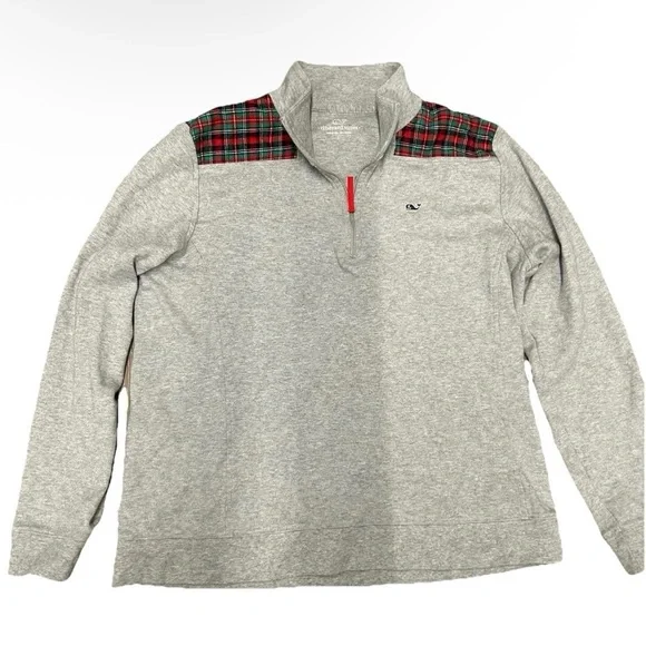 Vineyard Vines Men’s Grey 1/4 Zip Pullover Red Green Plaid Size Large Christmas - Picture 1 of 4